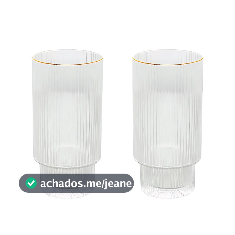 Jogo 2 Copos Altos 400ml Cristal Canelado Suco Água Borda Dourada Fio De Ouro Lines Wolff