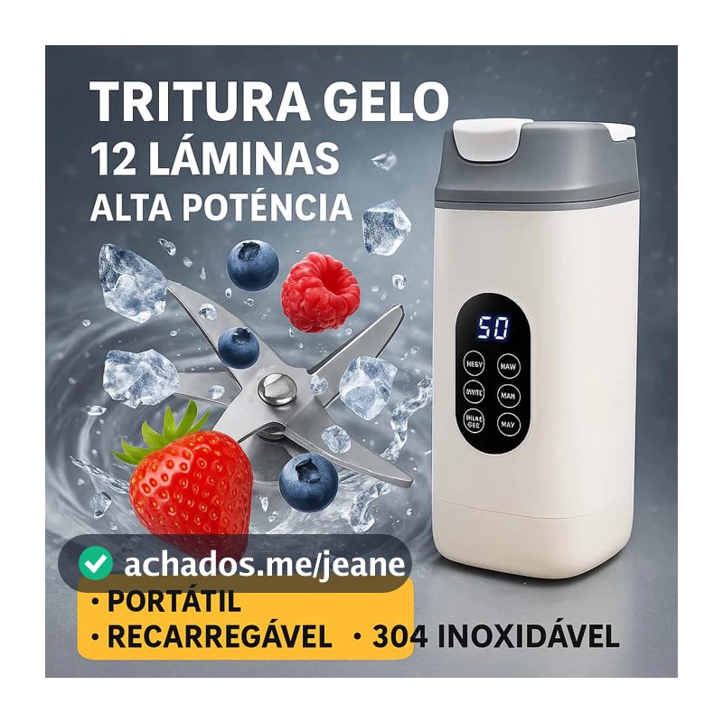 Liquidificador Portátil 12 Lâminas Recarregável Alta Potência, Tritura Gelo e Frutas
