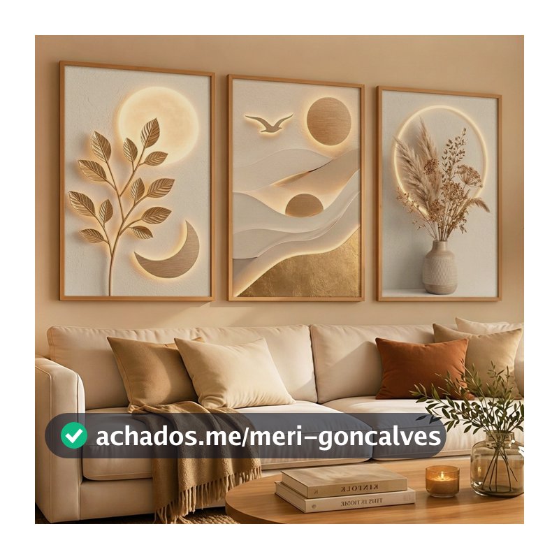 Kit 3 Quadros Arte Floral 3D Dourado Premium Decoração Sala De Estar Moderna Elegante Luxo
