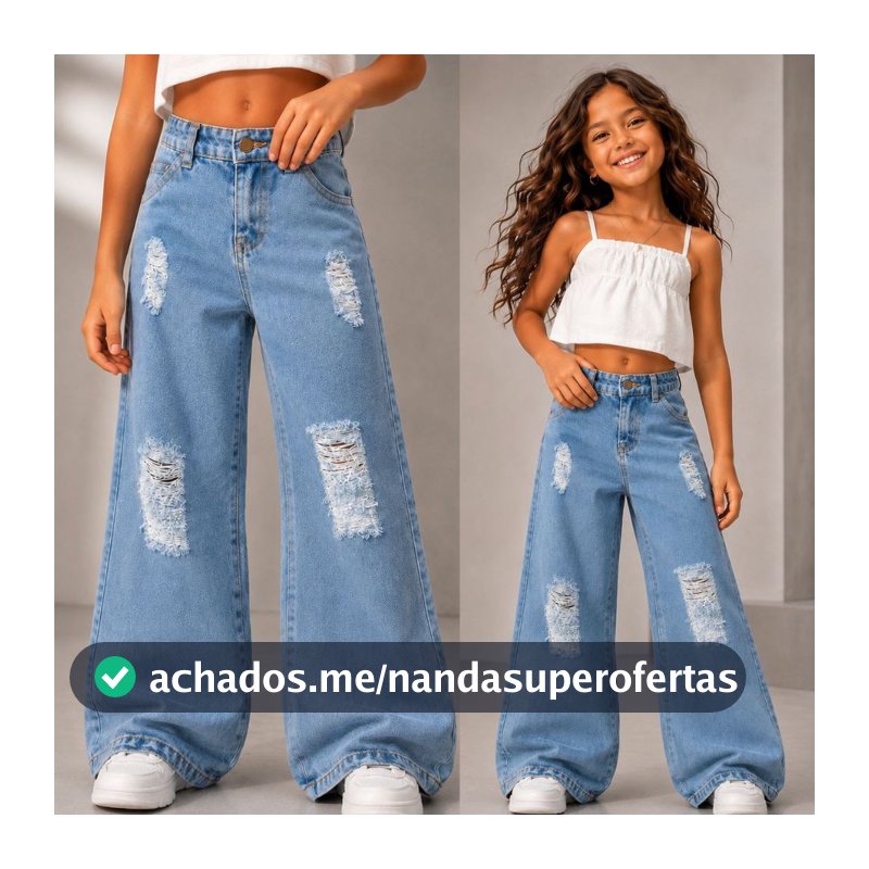 CALÇA MENINAS INFANTIL WIDE LEG DESFIADA JEANS  SAMIRA MODA MENINAS