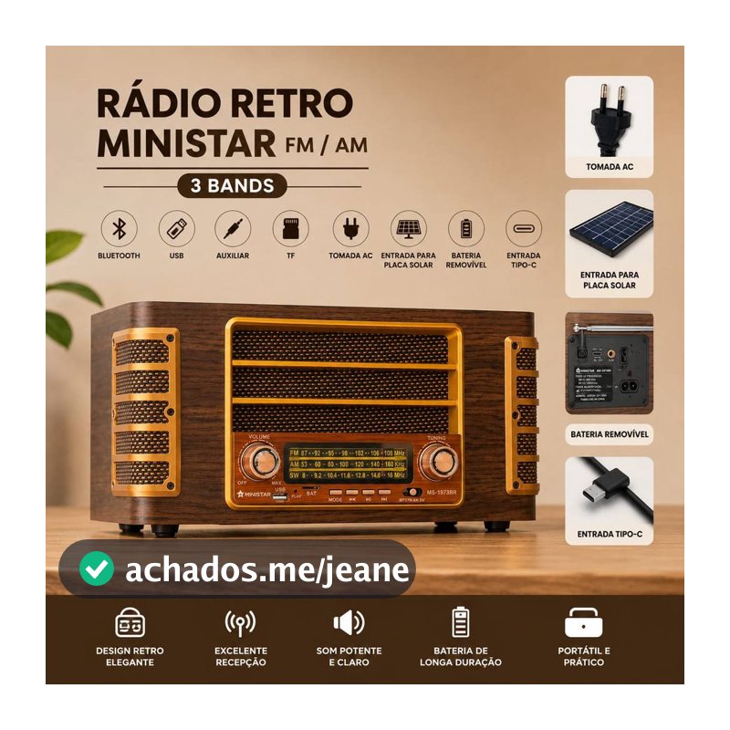 RADIO MINISTAR RETRO ESTILO VINTAGE AM / FM / SW 3 BANDAS / COM BLUETOOTH