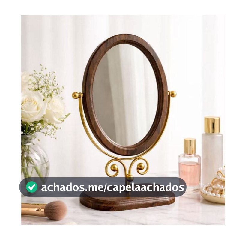 Espelho De Mesa Maquiagem Penteadeira Metal e Maderia Giratório Dourado 025-076
