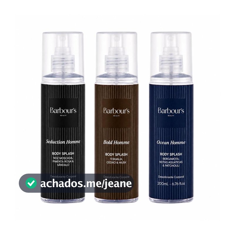 Kit Masculino Barbour's – Body Splash Homme 200ml nas Fragrâncias Seduction, Bold e Ocean