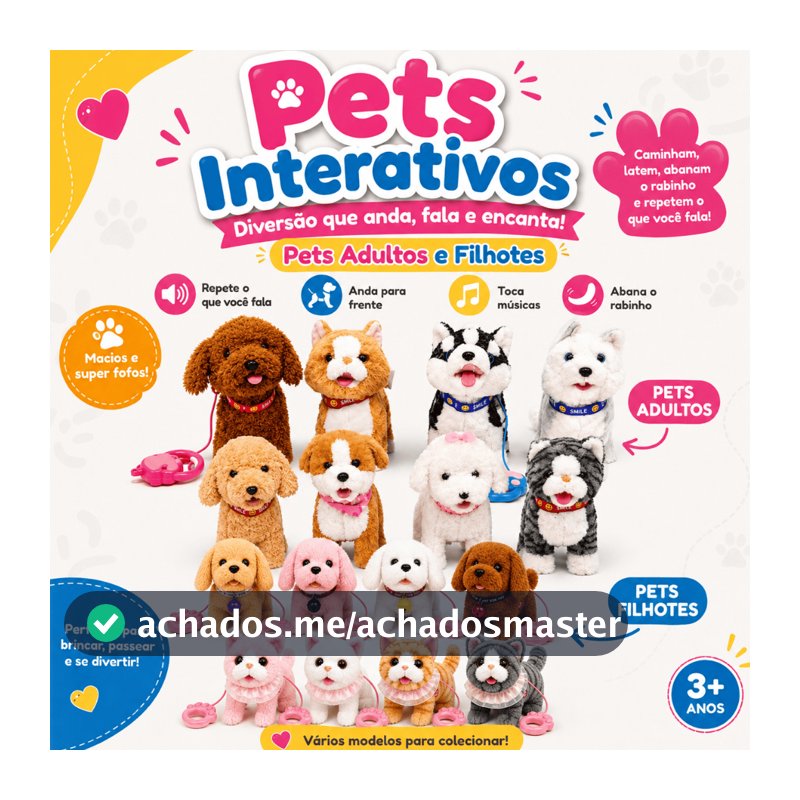 Pelucia Pet Cachorrinho e Gatinho ou Filhotes que Andam Late Lambe Abana o Rabo Fala Toca Musica Filhotinhos