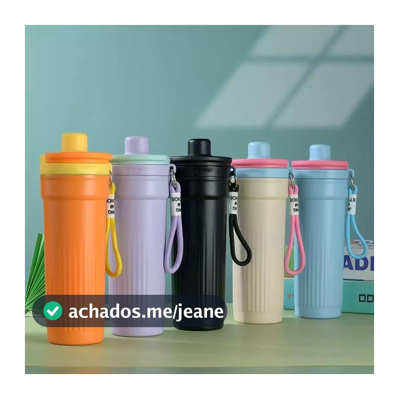 Garrafa Copo Térmico Com Alça De Aço Inox Com Canudo Parede Dupla 700ml