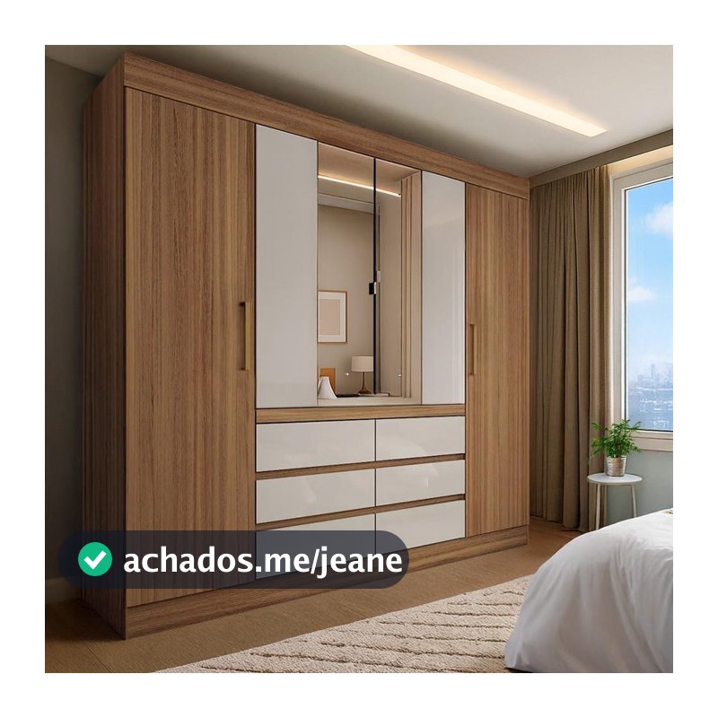 Guarda-Roupa Casal com Espelho Trevi 4 Portas 6 Gavetas Off White e Amendola
