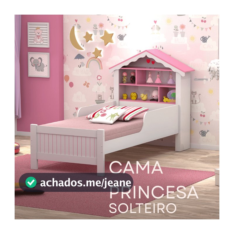 Cama Solteiro Infantil Princesa com Estante Embutida e Design Temático