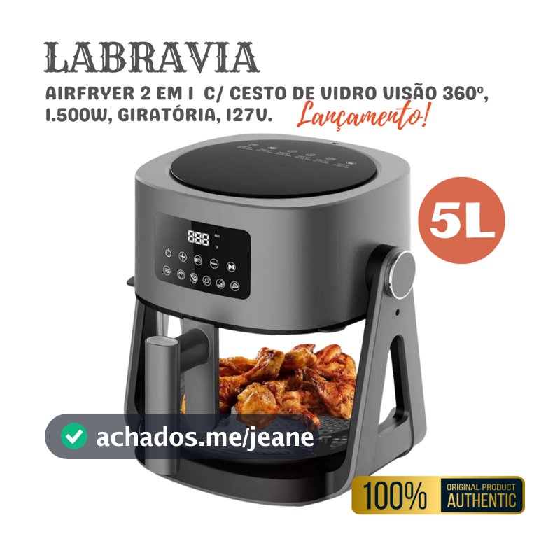 FRITADEIRA 2 EM 1 AIRFRYER DIG GRILL 5 LITROS C/ CESTO DE VIDRO VISÃO 360º,1.500W, GIRATÓRIA, 127V.