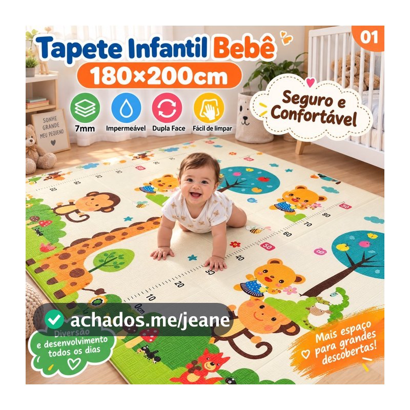 Tapete Infantil Bebê 180x200cm 8mm Dupla Face Impermeável Macio para Engatinhar Brincar e Aprender