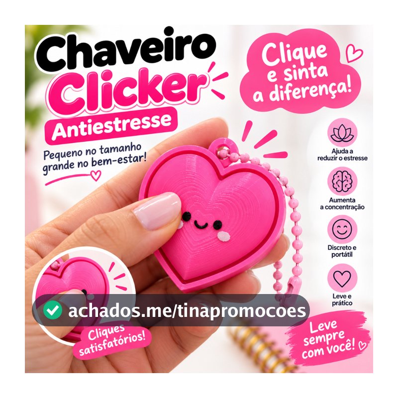 Chaveiro Clicker Antiestresse Coração Fidget Sensorial Relaxante com Som