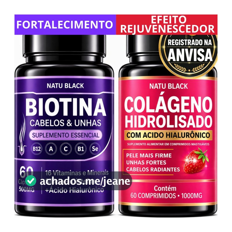 Kit Biotina Pura + Colágeno Hidrolisado + Ácido Hialurônico Alta Concentração Pele Unhas e Cabelos