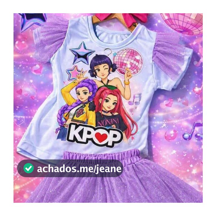 Conjunto Infantil Menina K-Pop Lilás Blusa Manga com Tule e Saia Short de Tule com Brilho