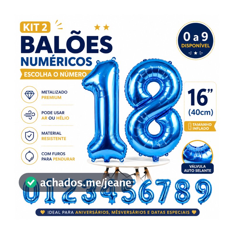 Kit 2 Uni De Balão de Hélio Metalizado Decorativo Números de 0-9 Tamanho 16 Pol Azul Claro