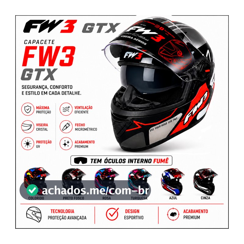 Capacete Fechado Fw3 Gtx Fox Óculos + Narigueira Cores Masculino Feminino