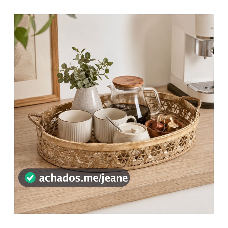 Bandeja Grega Oval Vintage Rústica Pátina Envelhecida Bambu Natural 52cm