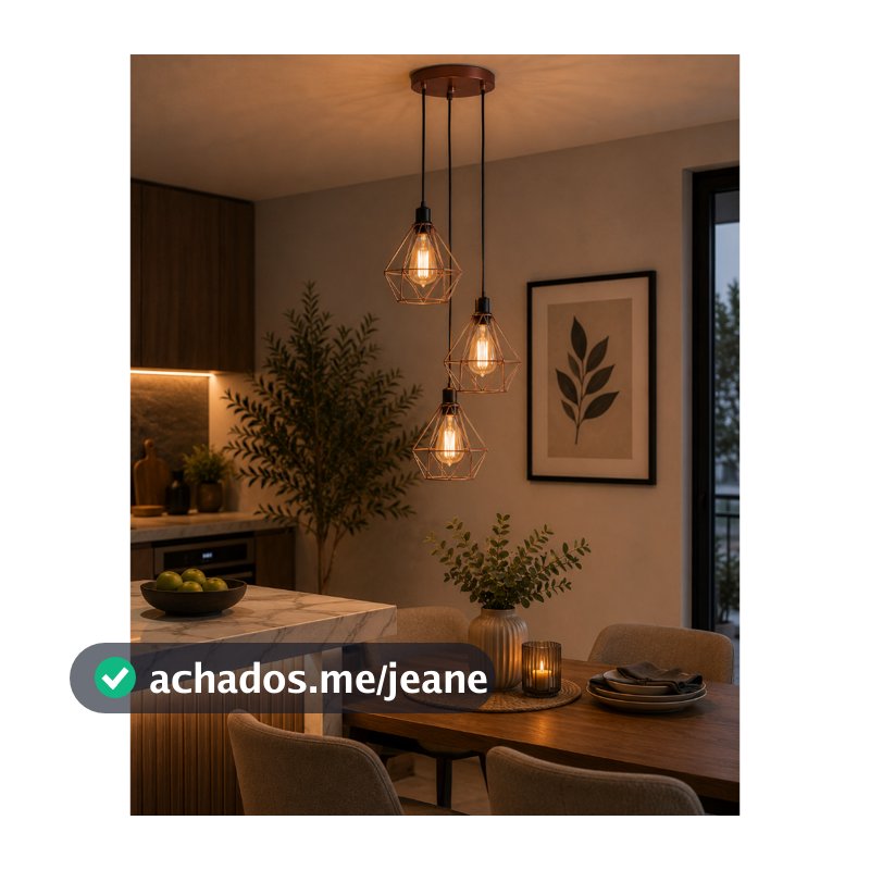 Luminária Teto Conjunto Lustre Pendente Diamante Triplo e-led Aramado Cozinha Sala Quarto Lavabo