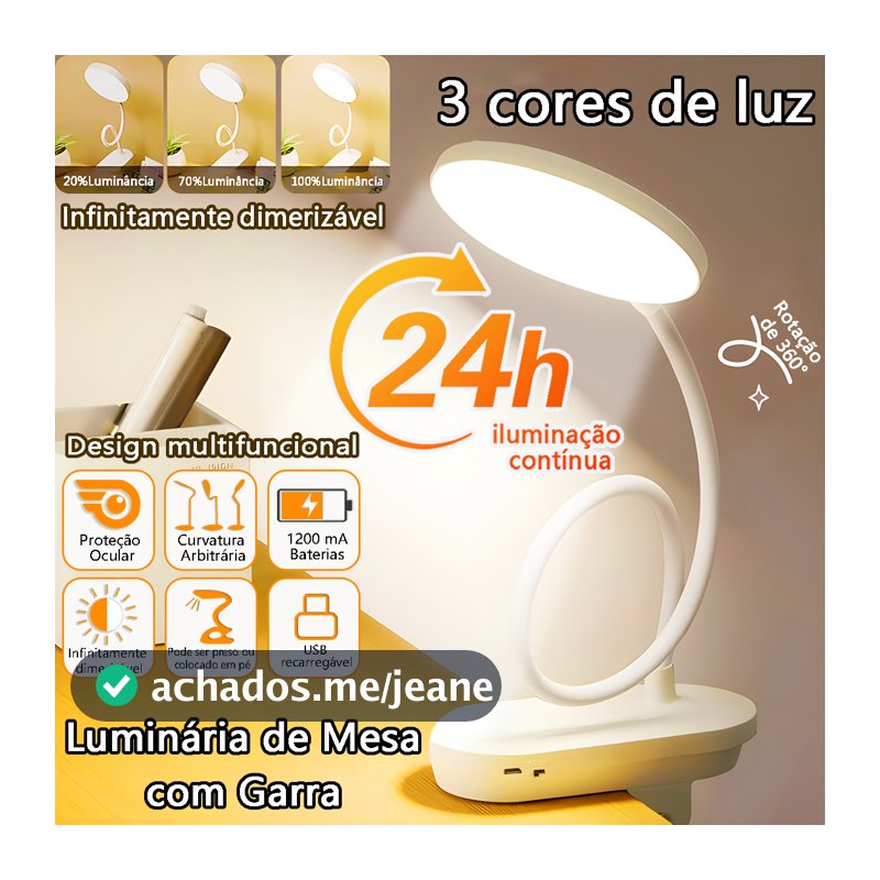 Luminária de Mesa com Garra e LED de 3 Cores Braço Flexível 360° 24h Recarregável Portátil p Quarto