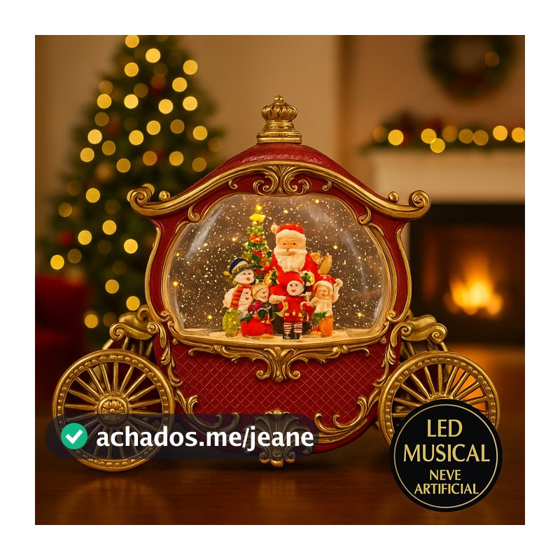 Luminária de Natal Carruagem Vermelha LED Musical com Neve em Movimento  Decoração Natalina Elegante