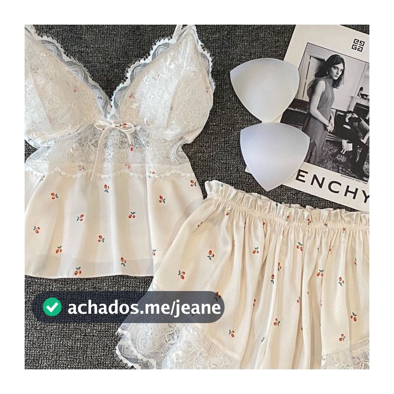 Conjunto Feminino De Seda Sexy Pijama Satin Pyjama De Roupa De Dormir Em Renda Top E Calções 2 Peças