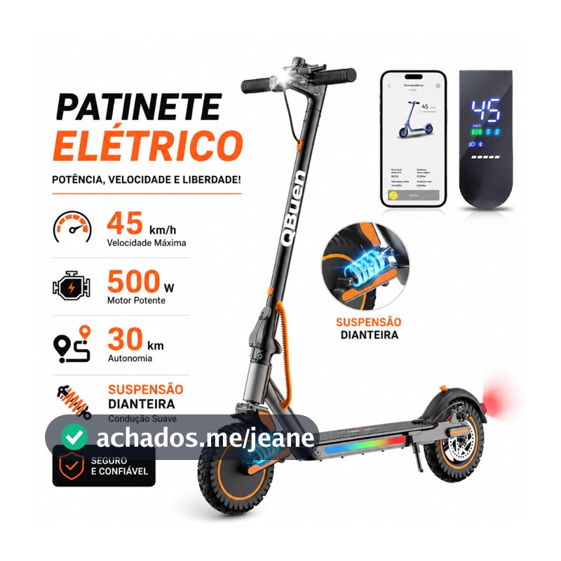 Patinete Elétrico 500W 40km/h Bluetooth, Suspensão, Freio Duplo, Bateria 10Ah, 30km, Dobrável 120kg