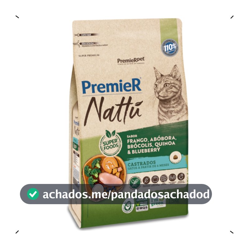 RAÇÃO PREMIER NATTU GATO CASTRADO ABOBORA 7,5KG