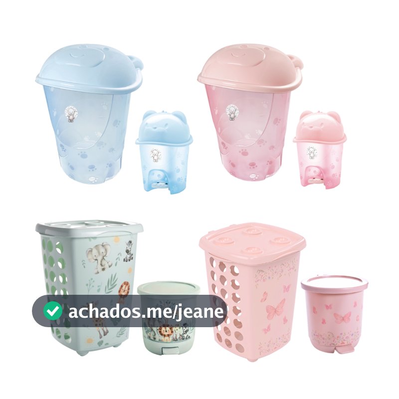 KIT CESTO DE ROUPAS + LIXEIRA PARA BEBÊ INFANTIL COM TAMPA E PEDAL - ADOLETA, PLASÚTIL, PLASTIBABY