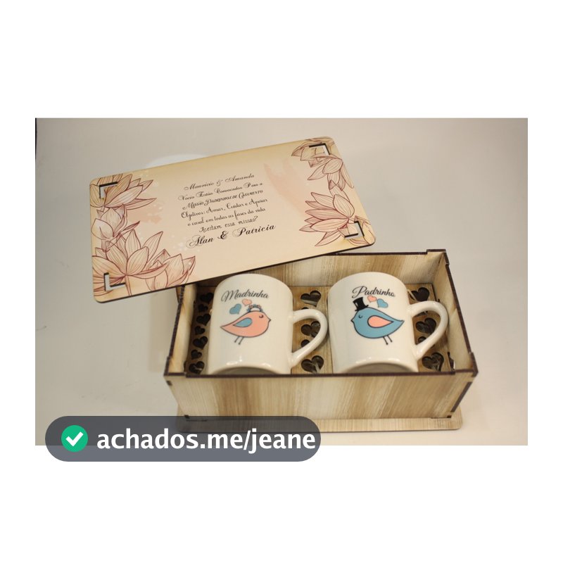 Casamento Padrinhos e Pais caixa rústica MDF Personalizada com 2 canecas porcelana