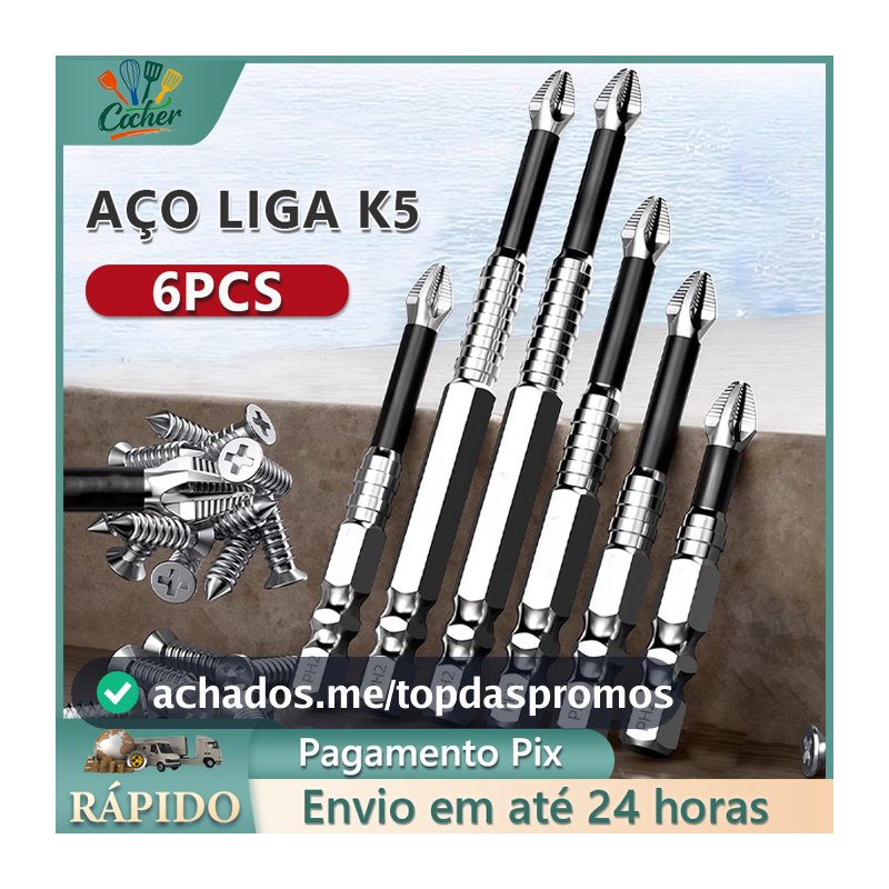 Kit 6 Ponta Bits Magnéticas K5 Ph2 Philips Alta Dureza e RImpactos Para Chaves Elétricas