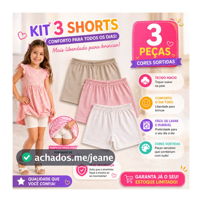 Kit 3 Shorts Segurança Algodão Cotton Infantil Calcinha Cores Sortidas Conforto e Proteção 2 a 12 Anos