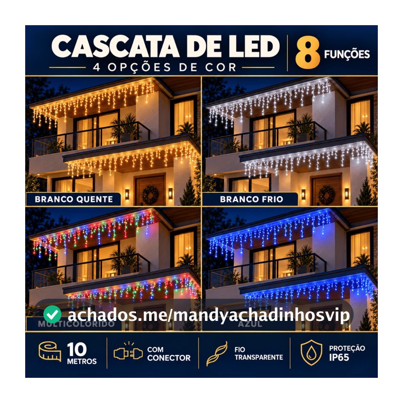 10m Cascata 400 Led 8 Funções Decoração Natal 110v 220v Conexão Macho Branco Frio Quente Pisca Pisca Enfeites de Natal