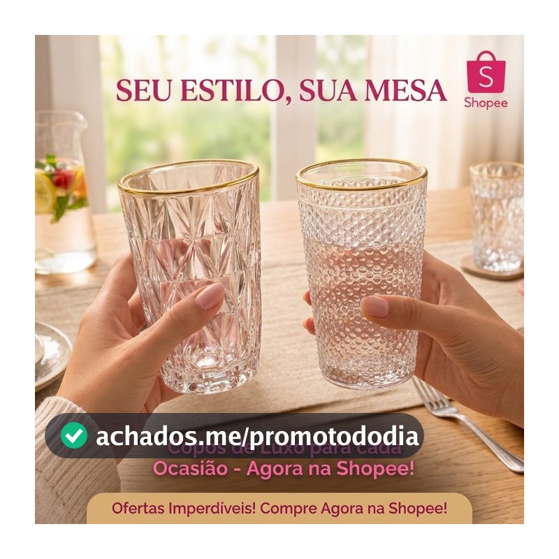 Jogo 6 Copos Vidro Borda Dourada 350ml Diamond ou Imperial Mesa Posta Luxo
