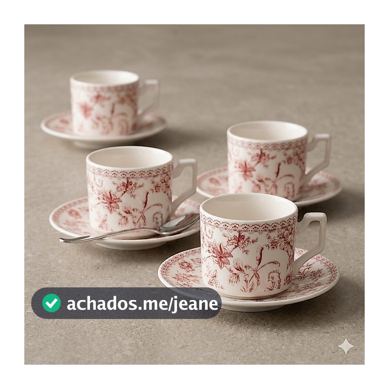 Jogo de Café 8 Peças Hortênsia Porcelana New Bone China 90ml Bordô com Pires
