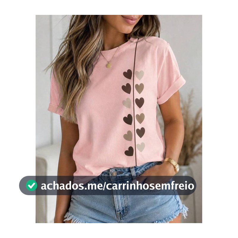 Camiseta Feminina Tshirt Blusa Camisa 100% Algodão Corações Malha Premium