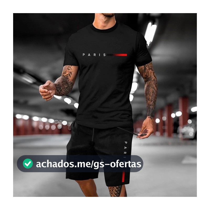 Kit Bermuda Short Mole + Camiseta PRETA PARIS MINIMALIST kit Basico Algodão Malha Premium