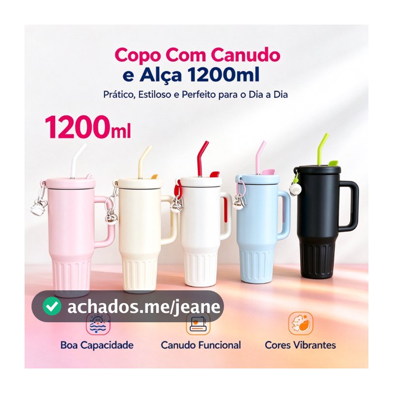 Copo Térmico Inox Portátil 1200ml Garrafa Térmica Inoxidável com Tampa e Canudo Inox  35