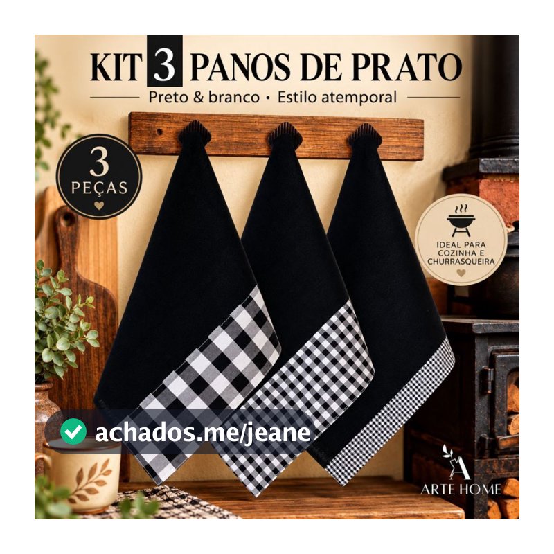 kit 3 Panos de Prato Preto Churrasco | Área Gourmet | Cozinha | Fogão a Lenha
