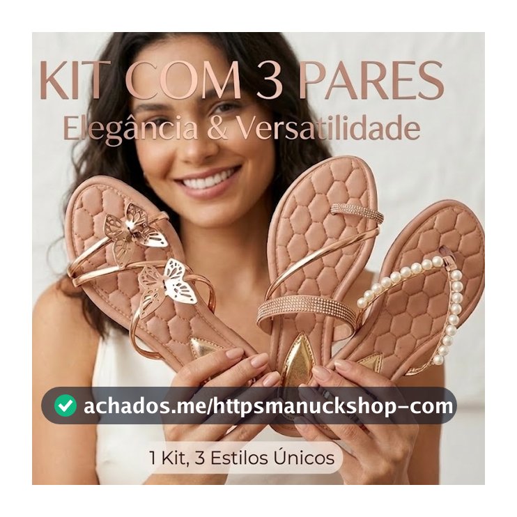 kit com 3 Pares de Sandálias Feminina Rasteirinha com Brilho Perolas Borboletas Antiderrapante