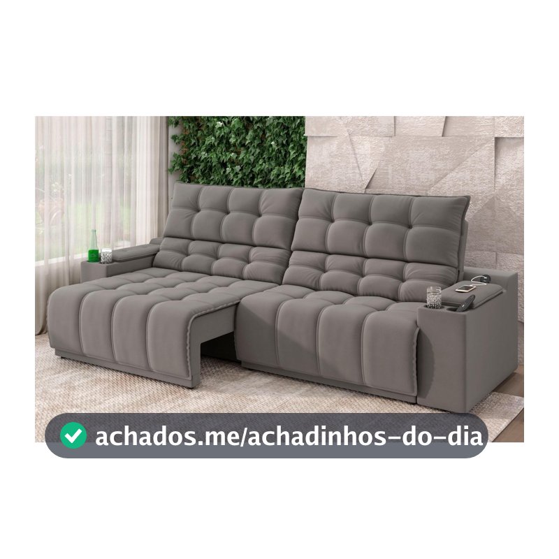 Sofá Connect Premium 2,00m Assento Retrátil/Reclinável com porta copos e entrada USB Suede Cinza