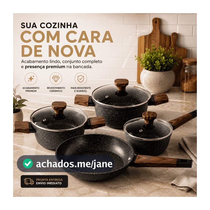 Jogo de Panelas Revestimento em Cerâmica por Indução ou Gás Antiaderente 4/5 Peças Tampa Vidro Carvalho com INMETRO