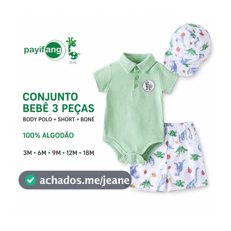 Payifang Conjunto Bebê Menino 3 Peças Body Polo Short e Boné 100% Algodão Dinossauro 3M a 18M