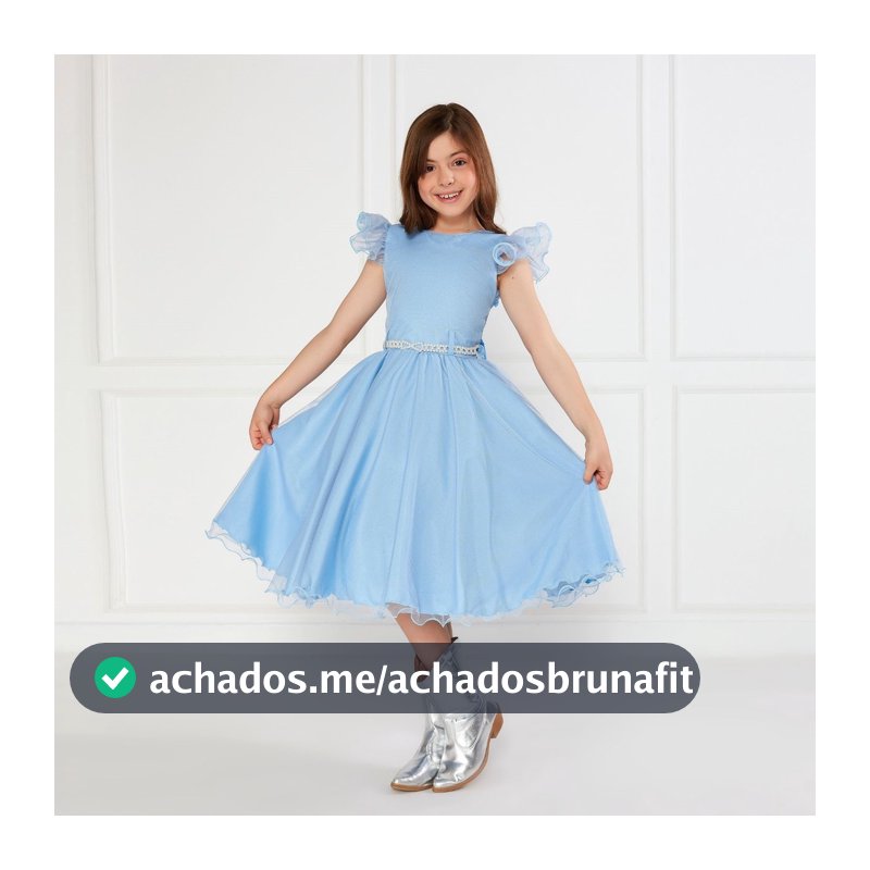 Vestido Glitter Azul Claro Manga Godê De Festa Infantil Rodado