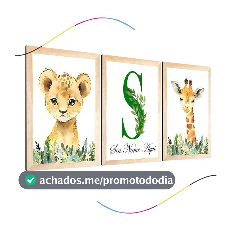quadro decorativo infantil safari girafa leão personalizado 3 peças