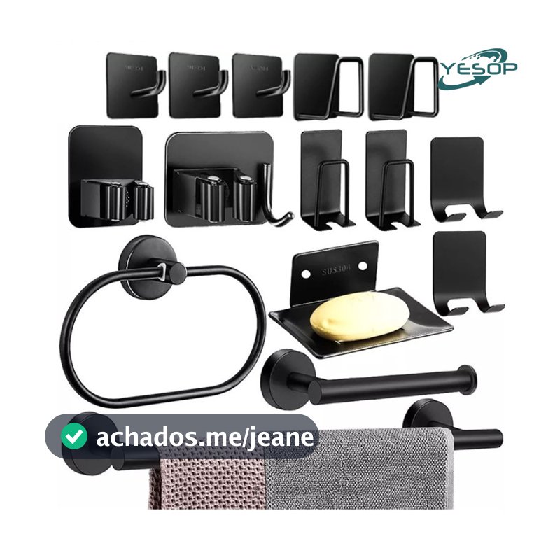 Kit Acessórios Para Banheiro Lavabo Toalheiros Preto 15 Peças Yesop