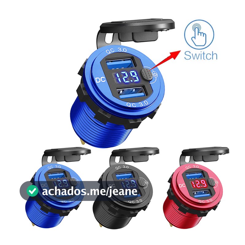 12/24V Alumínio Metal 36W QC3.0 Dual USB Carregador De Motor Para Carro Tomada À Prova D'água Com Interruptor Voltímetro Adaptador De Carga Rápida