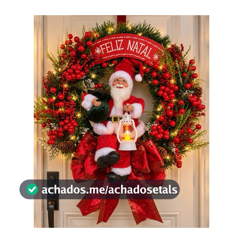 🎄 Guirlanda Natalina Papai Noel com Lanterna Iluminada e Berries Vermelhos Aro 35 cm