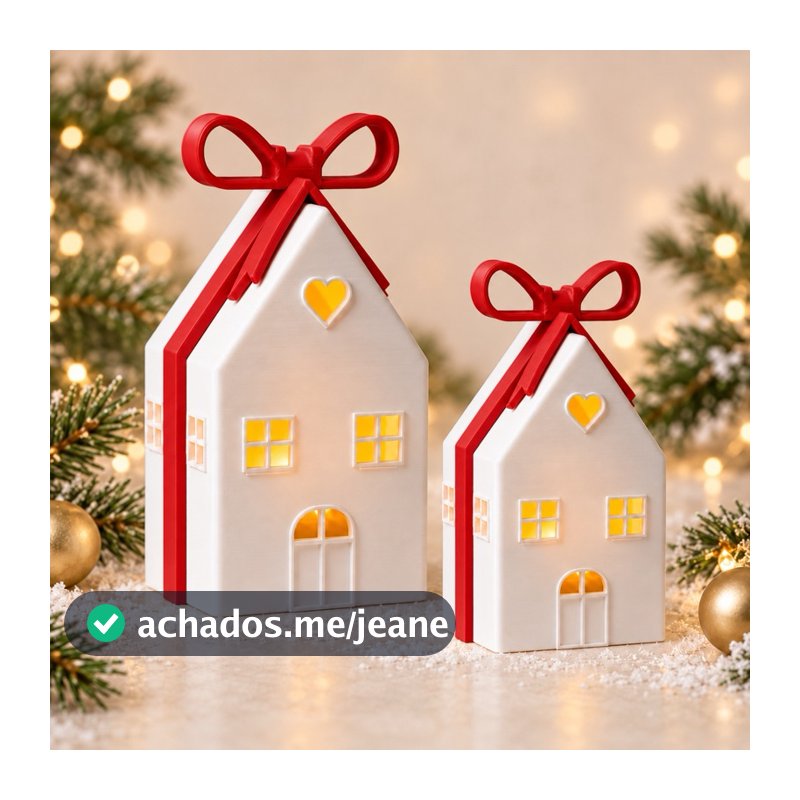 Kit Casinha Natalina Iluminada com Laço | Enfeite de Natal para Mesa e Sala
