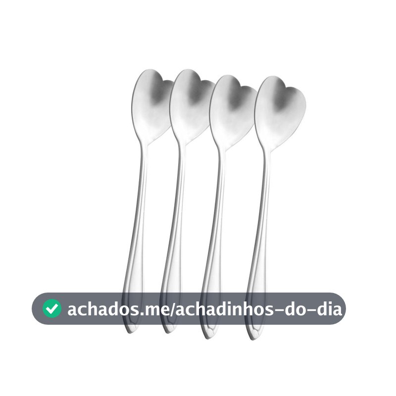 Conjunto 4 Colheres de Chá Coração Heart Wolff Aço Inox Prata 13cm Colher Café Sobremesas Mesa Posta Decoração Presentes