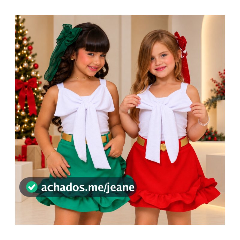 Conjunto Blusa Duna Short Saia com Cinto Alfaiataria Conjunto Natalino Para Meninas Moda Natal
