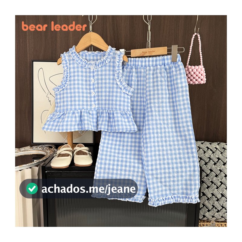 Urso Líder Verão Rendas Meninas Roupas Terno Versão Coreana Azul Xadrez Sem Mangas Topo + Calças De Perna Larga Conjunto