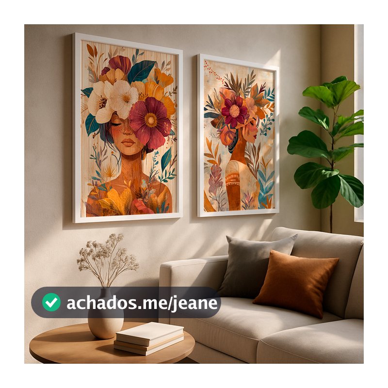 Kit 2 Quadros Mulher com Flores Tons Terrosos Arte Moderna Elegante Feminina com Moldura